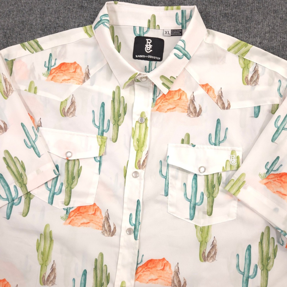 Raised By Coyotes Shirt Mens XL White Saguaros Pearl Snap Cactus Wolf Western